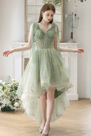 Beautiful Floral Tulle High Low Party Dress Green Lace Homecoming Dress