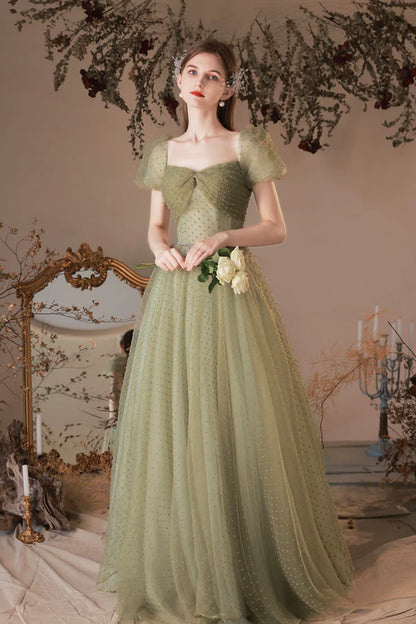 Green Tulle Long A-Line Prom Dress Cute Evening Dress