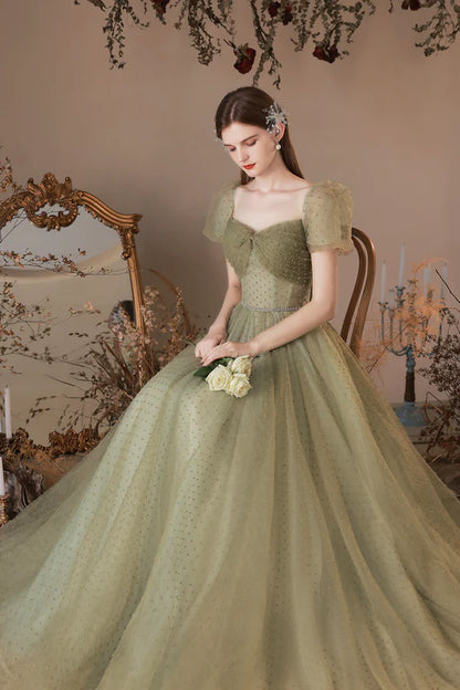 Green Tulle Long A-Line Prom Dress Cute Evening Dress