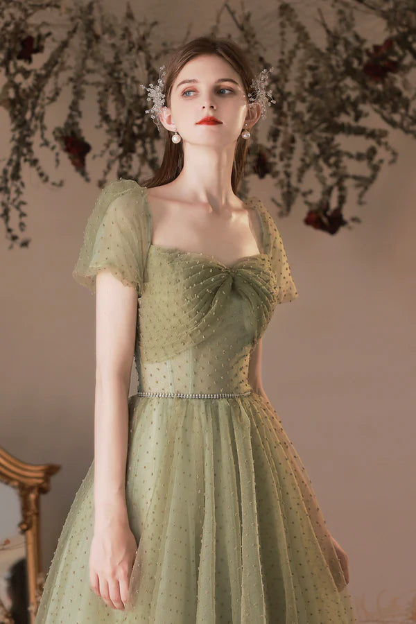 Green Tulle Long A-Line Prom Dress Cute Evening Dress