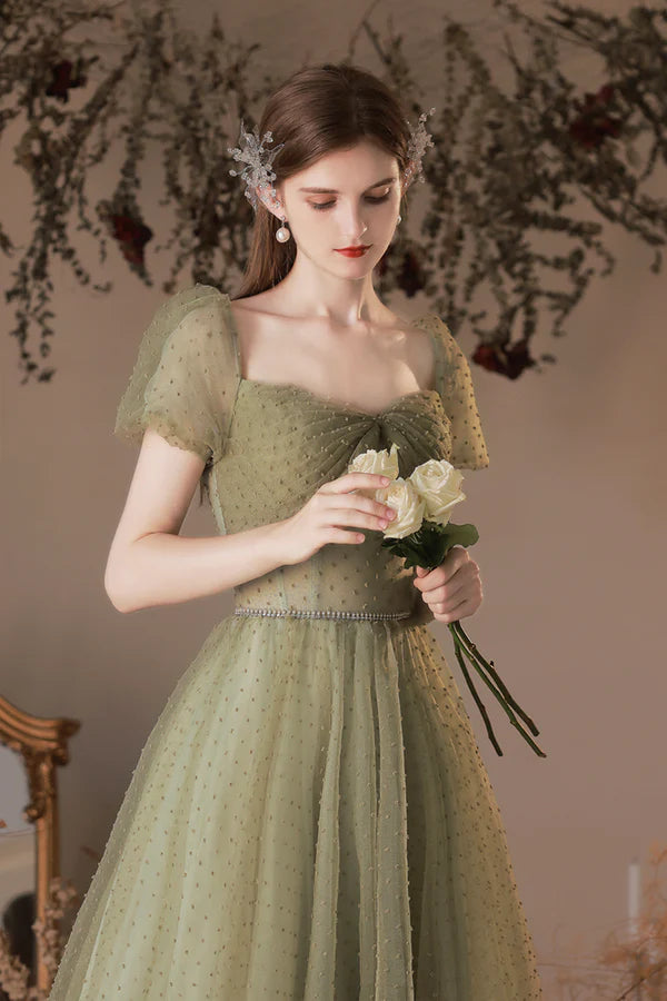 Green Tulle Long A-Line Prom Dress Cute Evening Dress