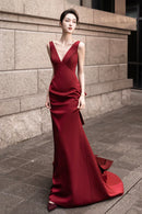 Burgundy V-Neck Satin Long Prom Dress Burgundy Backless Evening Dress with Bow