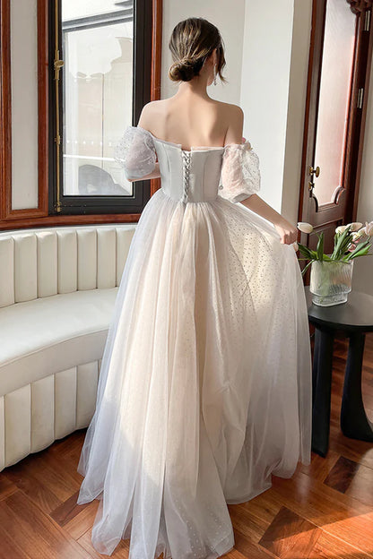 Gray Strapless Tulle Long Prom Dress Cute A-Line Evening Dress Party Dress