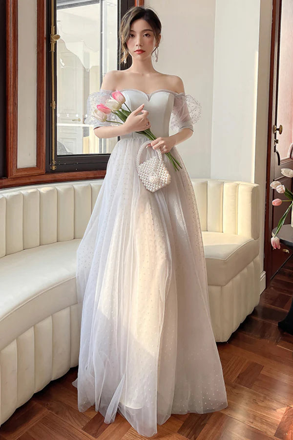 Gray Strapless Tulle Long Prom Dress Cute A-Line Evening Dress Party Dress