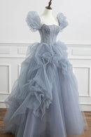 Gray Tulle Long A-Line Prom Dress Gray Short Sleeve Evening Dress