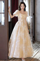 Champagne Tulle Long Prom Dresses Champagne Short Sleeve Evening Dresses