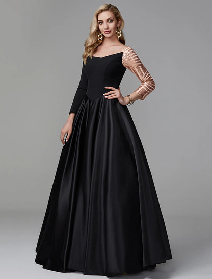 Ball Gown Black Dress Vintage Quinceanera Formal Evening Floor Length Long Sleeve Off Shoulder Satin with Sequin