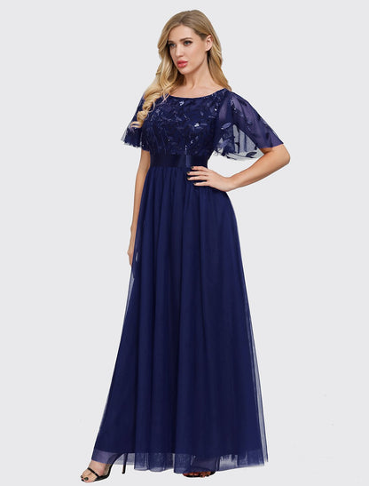 A-Line Empire Elegant Party Wear Prom Dress Jewel Neck Short Sleeve Floor Length Tulle with Embroidery / Illusion Sleeve