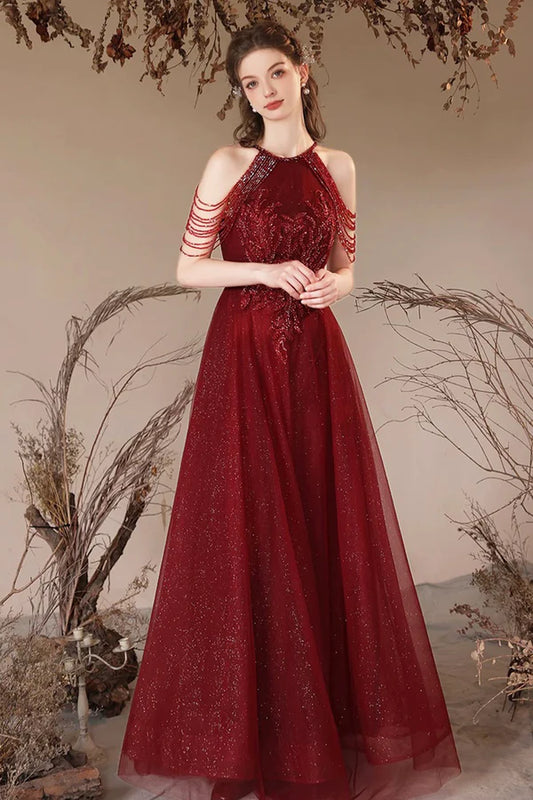 Burgundy Halter Tulle Long Prom Dress with Beads Elegant A-Line Backless Party Dress