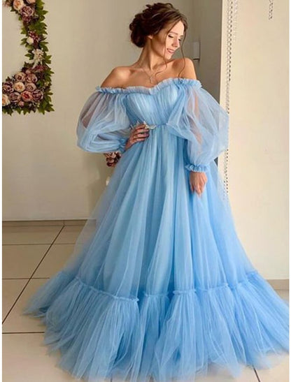 A-Line Minimalist Elegant Engagement Prom Dress Off Shoulder Long Sleeve Floor Length Tulle with Pleats Appliques