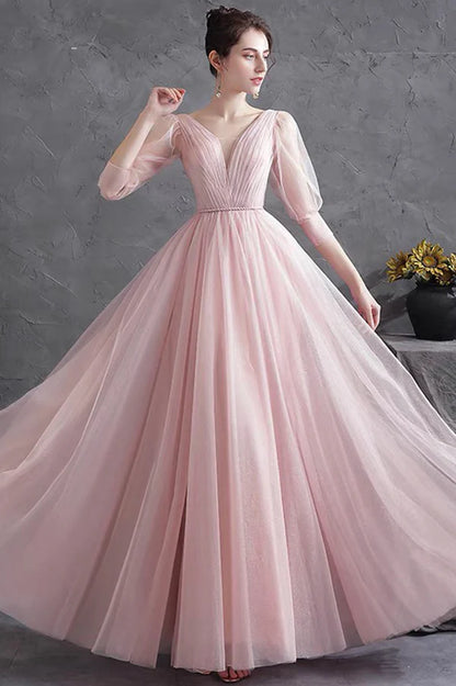 Pink V-Neck Tulle Long Prom Dress Simple 1/2 Sleeve Evening Party Dress