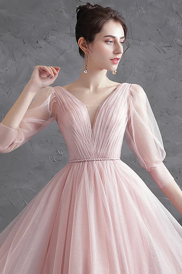 Pink V-Neck Tulle Long Prom Dress Simple 1/2 Sleeve Evening Party Dress