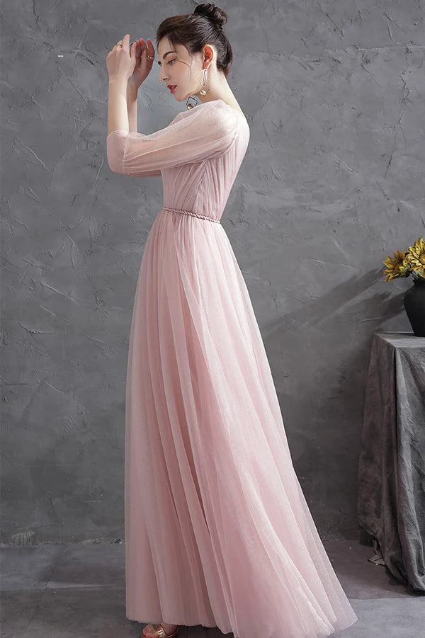 Pink V-Neck Tulle Long Prom Dress Simple 1/2 Sleeve Evening Party Dress