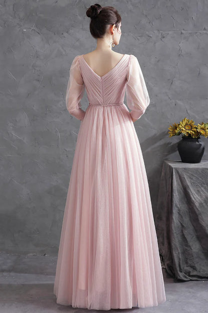 Pink V-Neck Tulle Long Prom Dress Simple 1/2 Sleeve Evening Party Dress