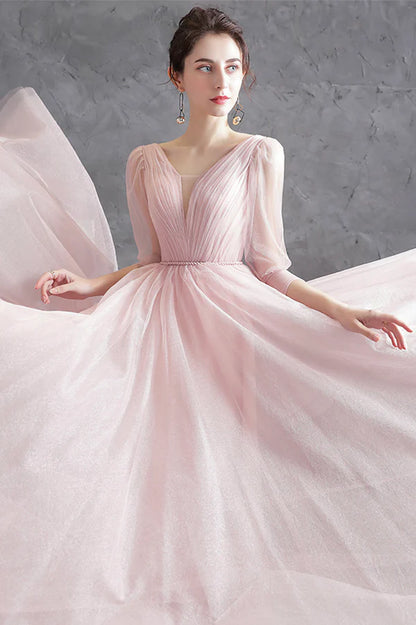 Pink V-Neck Tulle Long Prom Dress Simple 1/2 Sleeve Evening Party Dress