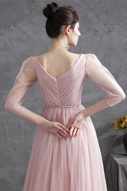 Pink V-Neck Tulle Long Prom Dress Simple 1/2 Sleeve Evening Party Dress