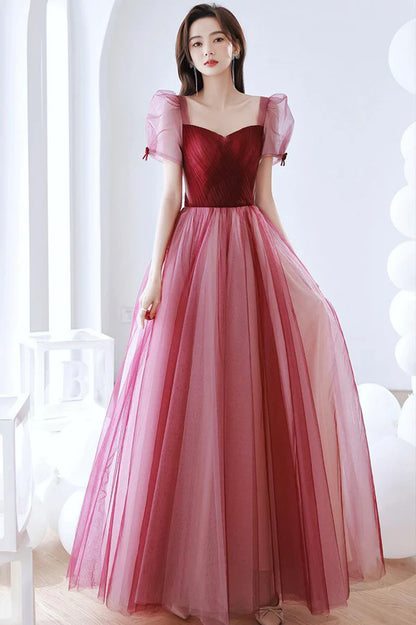 Burgundy Tulle Long Prom Dress A-Line Short Sleeve Formal Evening Dress