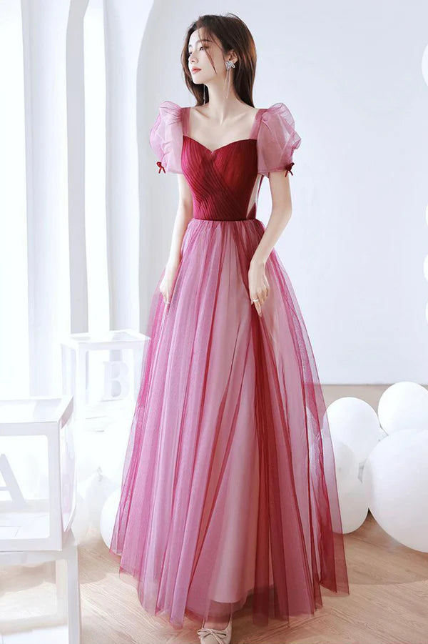 Burgundy Tulle Long Prom Dress A-Line Short Sleeve Formal Evening Dress