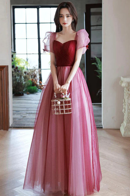 Burgundy Tulle Long Prom Dress A-Line Short Sleeve Formal Evening Dress