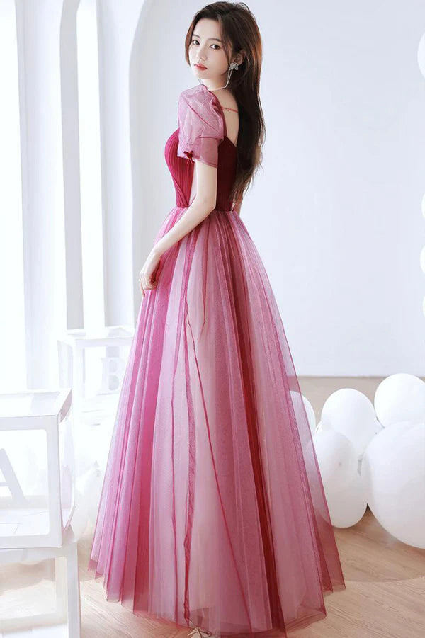 Burgundy Tulle Long Prom Dress A-Line Short Sleeve Formal Evening Dress