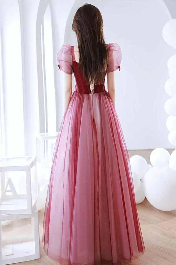 Burgundy Tulle Long Prom Dress A-Line Short Sleeve Formal Evening Dress