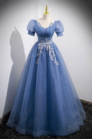 Blue Tulle Lace Floor Length Prom Dress Blue Short Sleeve Evening Dress