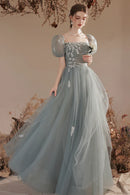 Cute Tulle Lace Long Prom Dress with Lace A-Line Short Sleeve Graduation Dress