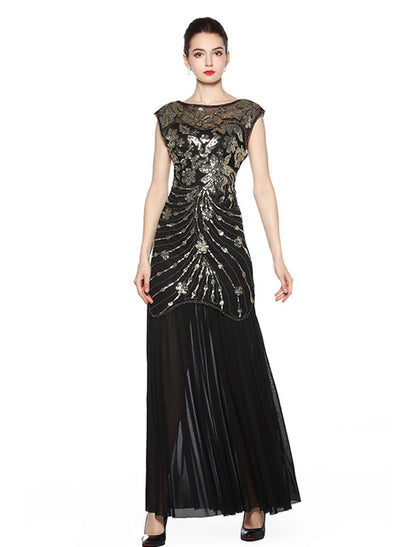 A-Line Evening Gown Vintage Dress Holiday Party Wear Floor Length Sleeveless Jewel Neck Spandex V Back with Sequin Embroidery