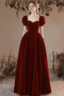 Burgundy Velvet Long Formal Dress A-Line Short Sleeve Evening Party Dress