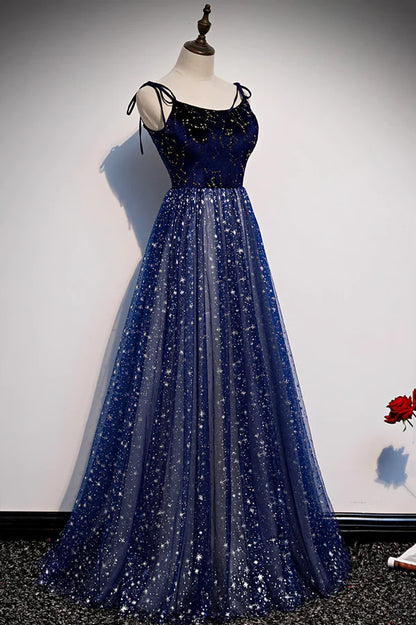 Blue Velvet Tulle Long Prom Dress Beautiful A-Line Evening Party Dress