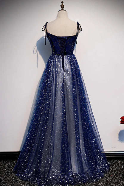 Blue Velvet Tulle Long Prom Dress Beautiful A-Line Evening Party Dress