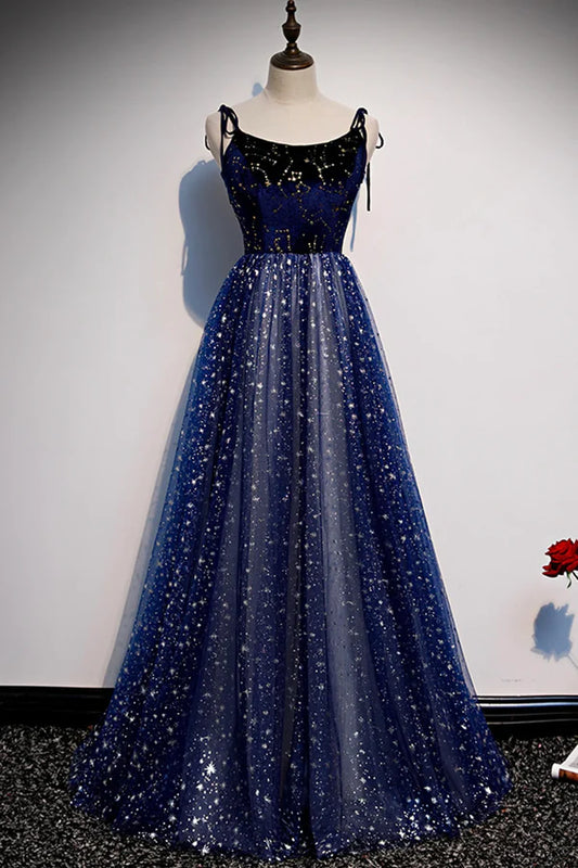 Blue Velvet Tulle Long Prom Dress Beautiful A-Line Evening Party Dress