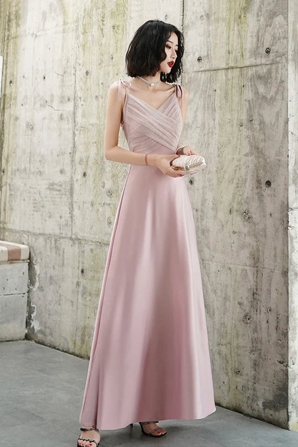 Pink V-neck Long Prom Dress Simple Spaghetti Straps Evening Dress