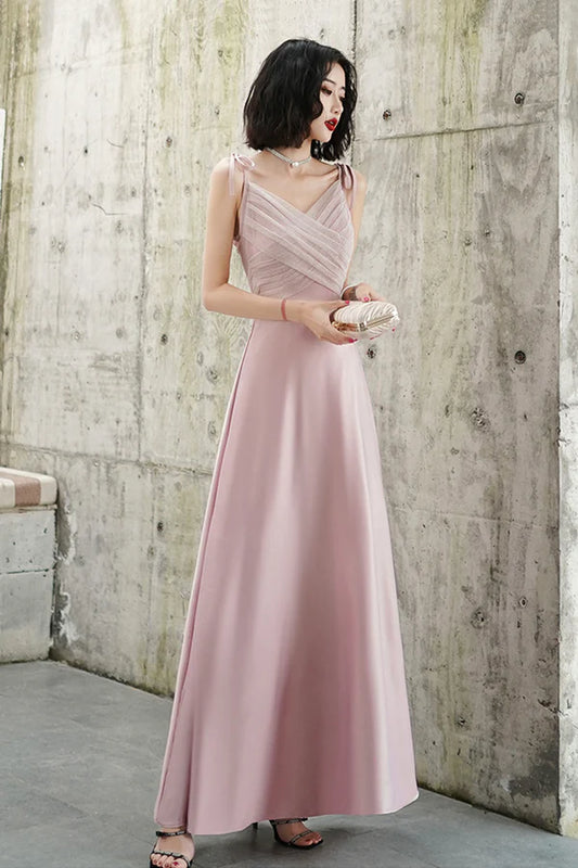 Pink V-neck Long Prom Dress Simple Spaghetti Straps Evening Dress