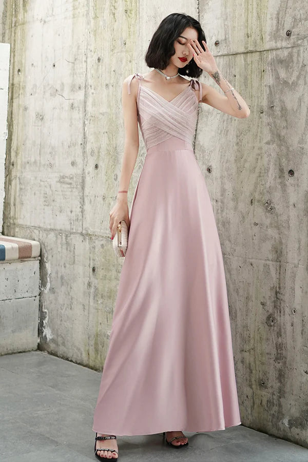 Pink V-neck Long Prom Dress Simple Spaghetti Straps Evening Dress