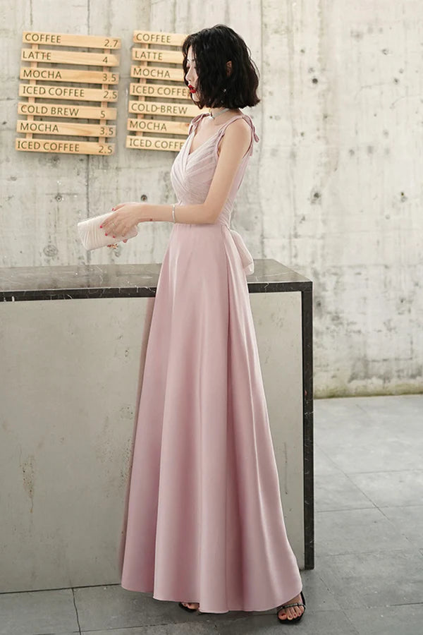 Pink V-neck Long Prom Dress Simple Spaghetti Straps Evening Dress