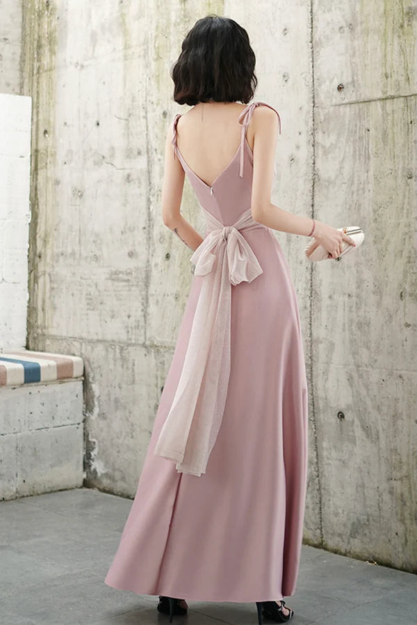 Pink V-neck Long Prom Dress Simple Spaghetti Straps Evening Dress