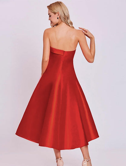 A-Line Cocktail Dresses Minimalist Dress Homecoming Wedding Guest Tea Length Sleeveless Strapless Satin with Sleek