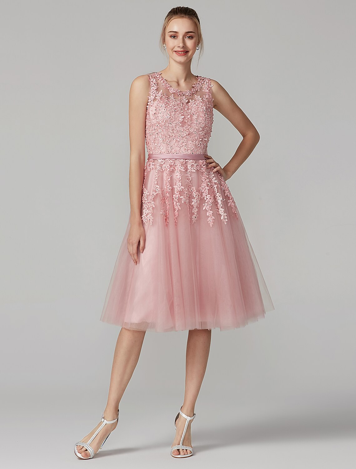 A-Line Cute Dress Cocktail Party Prom Knee Length Sleeveless Illusion Neck Tulle Over Lace with Beading Appliques