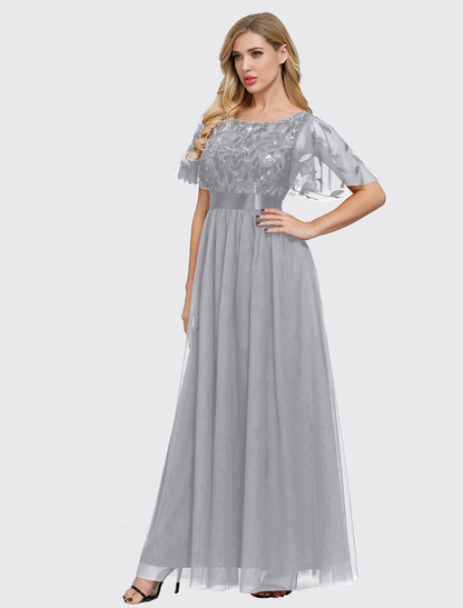 A-Line Empire Elegant Party Wear Prom Dress Jewel Neck Short Sleeve Floor Length Tulle with Embroidery / Illusion Sleeve