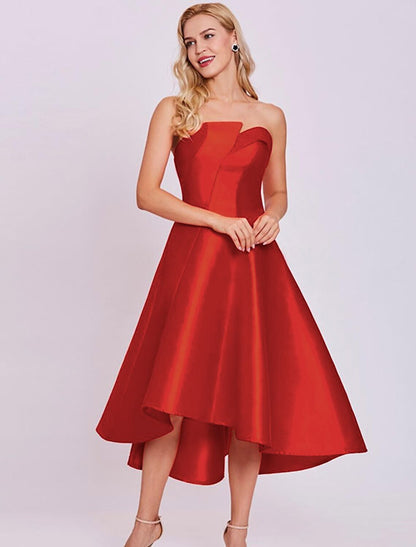 A-Line Cocktail Dresses Minimalist Dress Homecoming Wedding Guest Tea Length Sleeveless Strapless Satin with Sleek