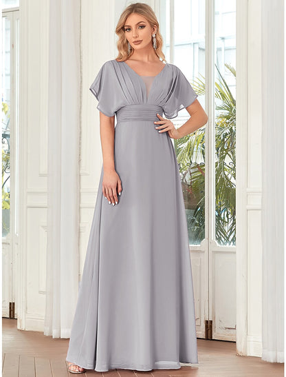 A-Line Elegant Formal Evening Dress V Neck Short Sleeve Floor Length Chiffon with Draping