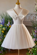 Lovely Champagne Knee Length Prom Dress A-Line V-Neck Bow Sleeveless Backless Party Dress