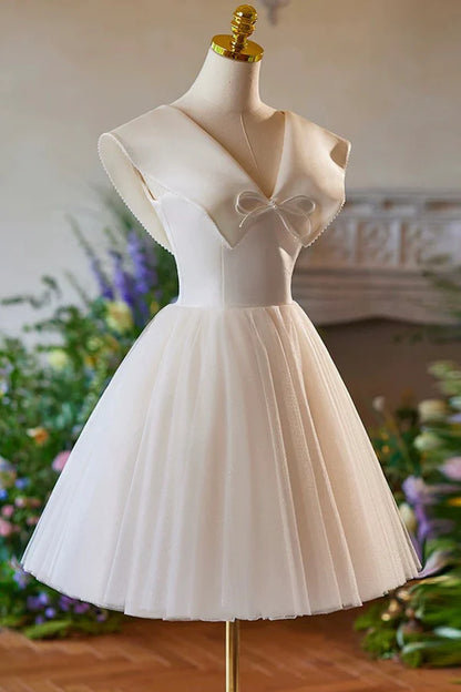 Lovely Champagne Knee Length Prom Dress A-Line V-Neck Bow Sleeveless Backless Party Dress