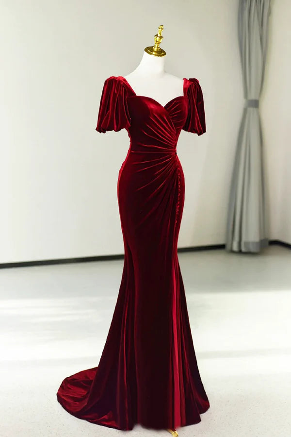 Elegant Mermaid Square Neck Burgundy Velvet Long Prom Dress    fg2327