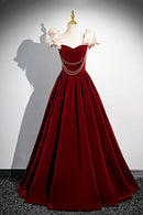 A-Line Velvet Floor Length Prom Dress Burgundy Off the Shoulder Evening Party Dress