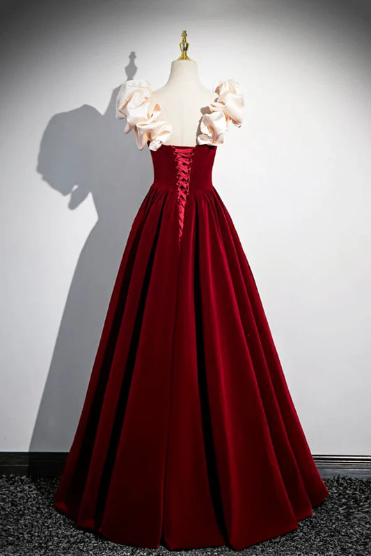 A-Line Velvet Floor Length Prom Dress Burgundy Off the Shoulder Evening Party Dress