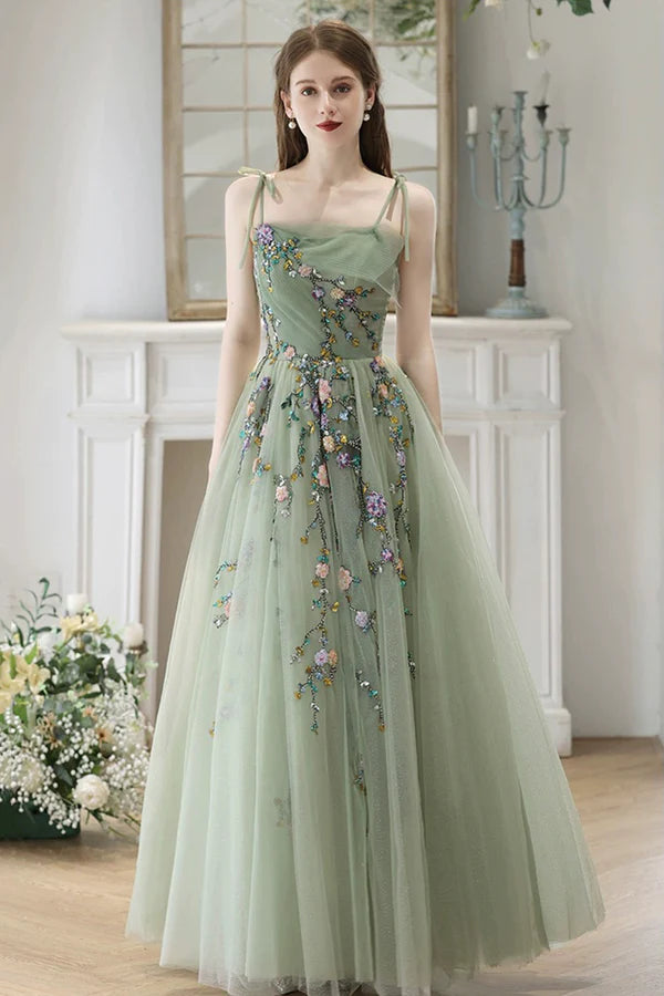 Beautiful Tulle Beads Long Prom Dress Green Spaghetti Strap Backless Evening Party Dress