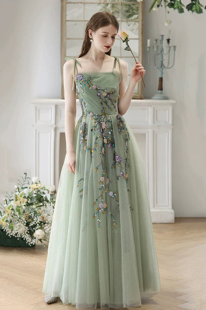 Beautiful Tulle Beads Long Prom Dress Green Spaghetti Strap Backless Evening Party Dress