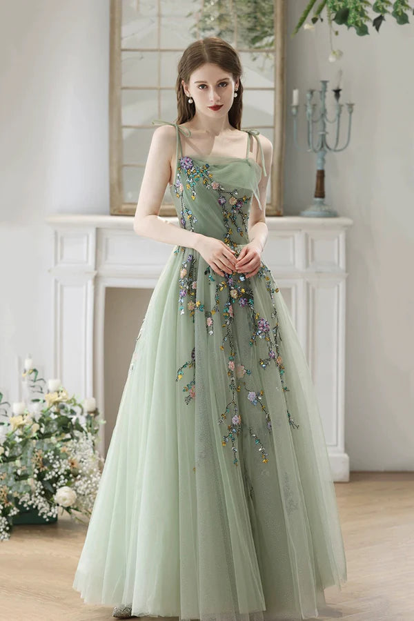 Beautiful Tulle Beads Long Prom Dress Green Spaghetti Strap Backless Evening Party Dress